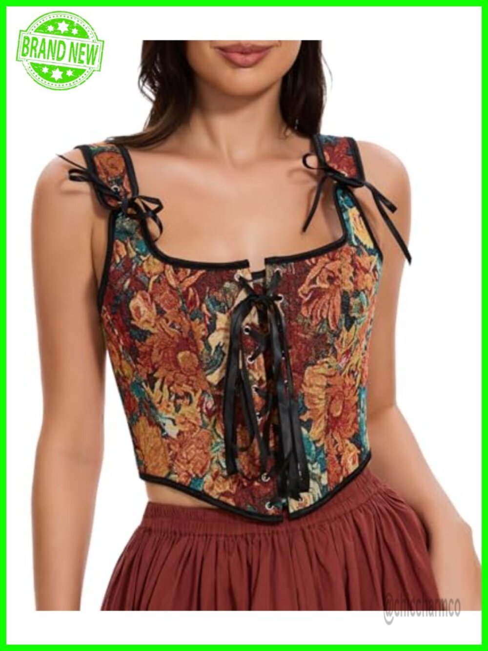 Women's Denim Corset Top Floral Overbust Lace Up Crop Bustier